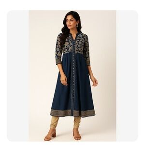 NWT BIBA Blue & Gold Floral Long Cotton Kurta Dress